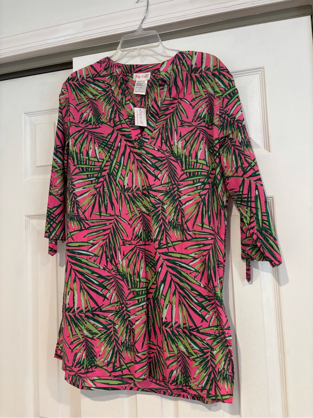 Bright Pink Palm Print V-Neck Tunic
